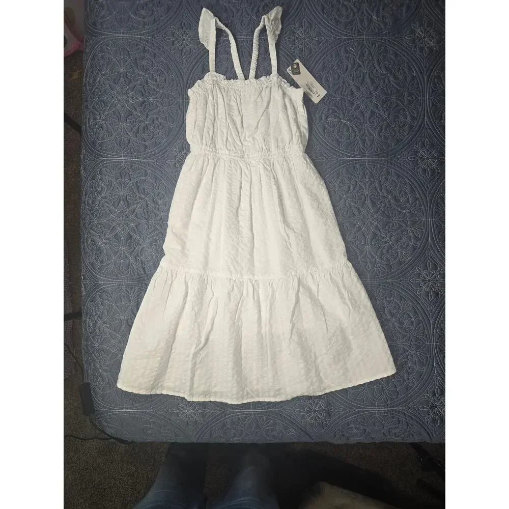 White Cotton Sundress Ruffle Strap Midi Dress Girls 7/8 Summer Classic